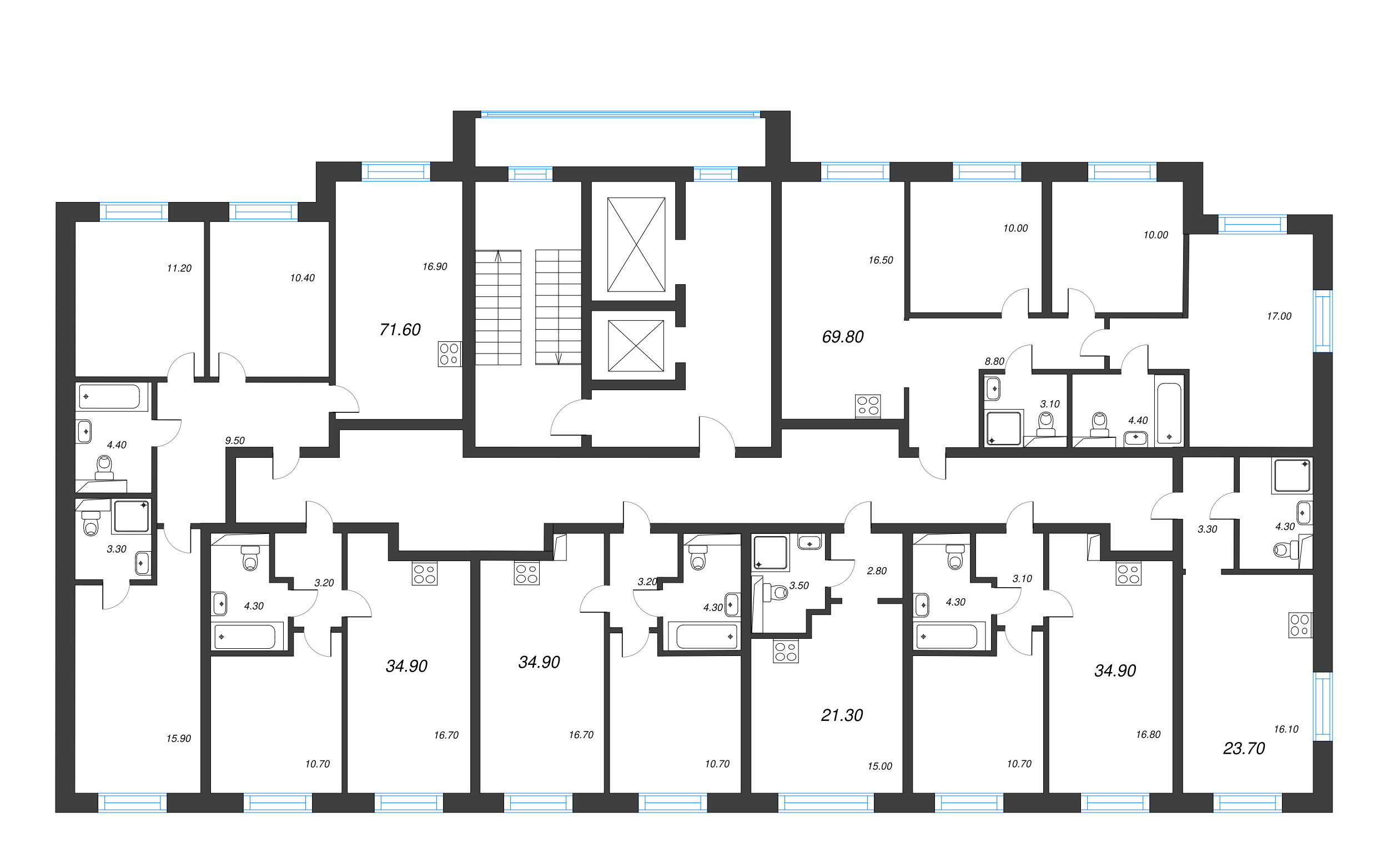 4-комнатная (Евро) квартира, 69.8 м² - планировка этажа