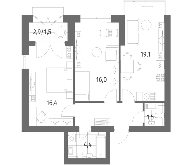 3-комнатная (Евро) квартира, 66.32 м² в ЖК "Наука" - планировка, фото №1