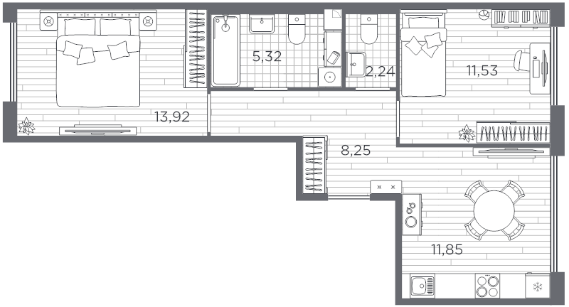 2-комнатная квартира, 53.11 м² - планировка, фото №1
