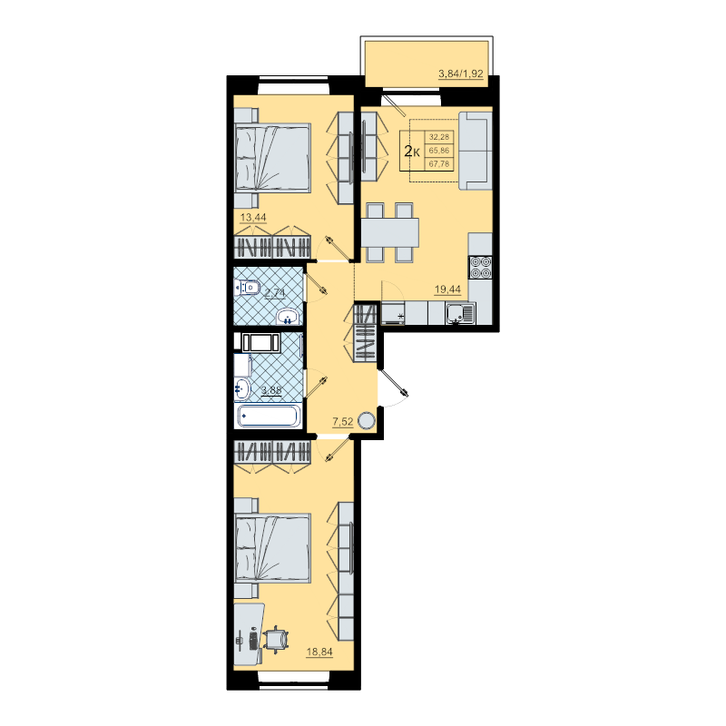 3-комнатная (Евро) квартира, 67.8 м² в ЖК "Северный меридиан" - планировка, фото №1