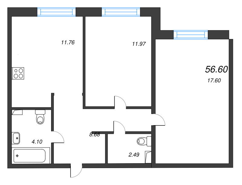 2-комнатная квартира, 56.6 м² в ЖК "Арт Парк" - планировка, фото №1