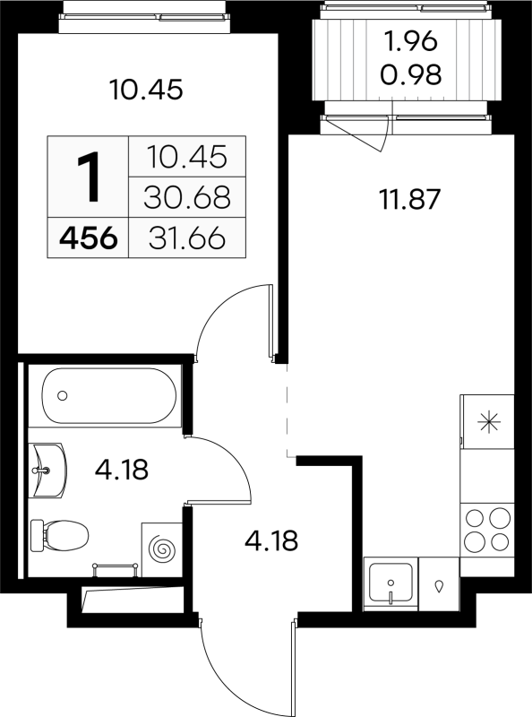 1-комнатная квартира, 31.66 м² - планировка, фото №1