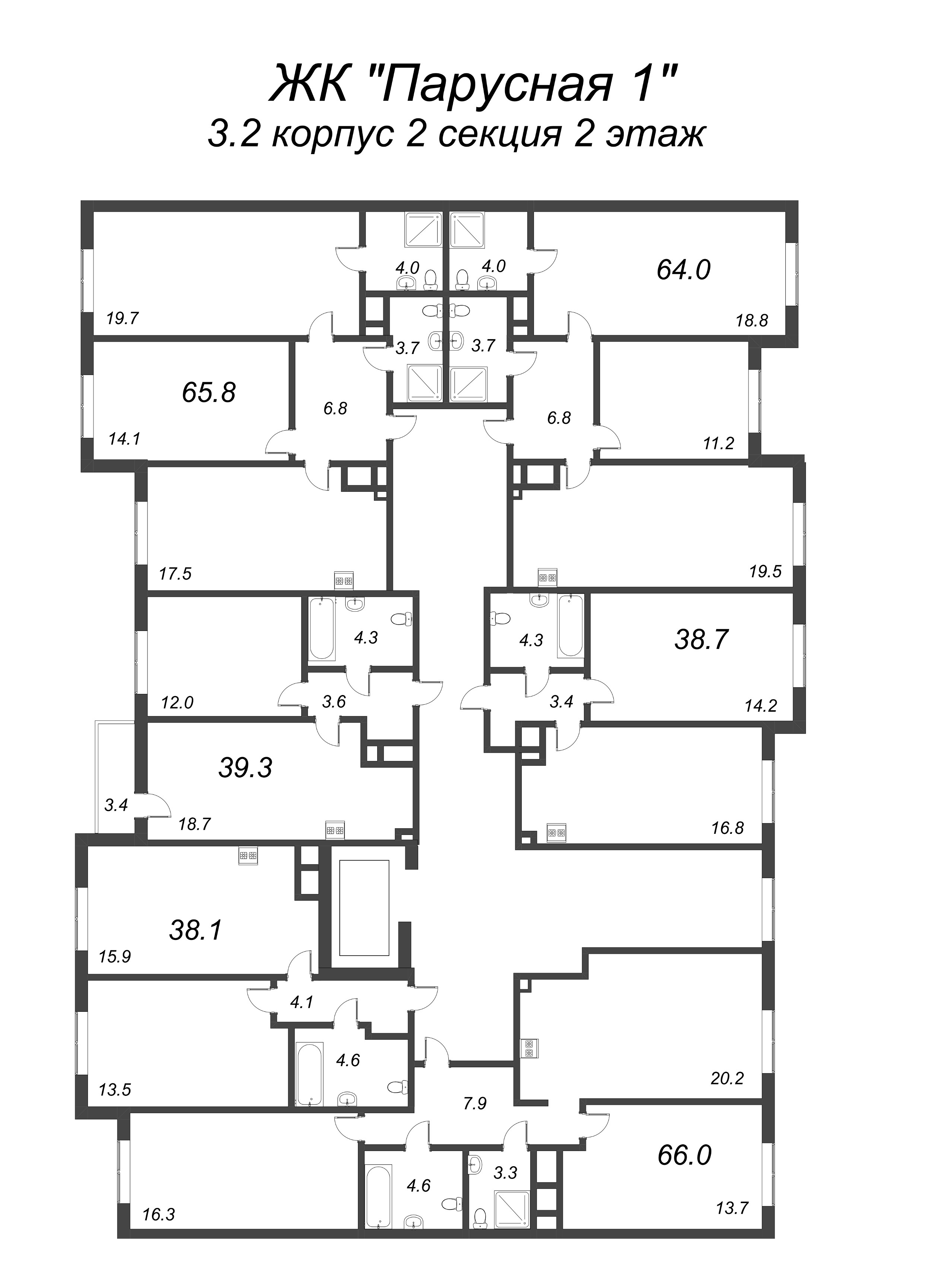 3-комнатная (Евро) квартира, 64 м² в ЖК "Парусная 1" - планировка этажа