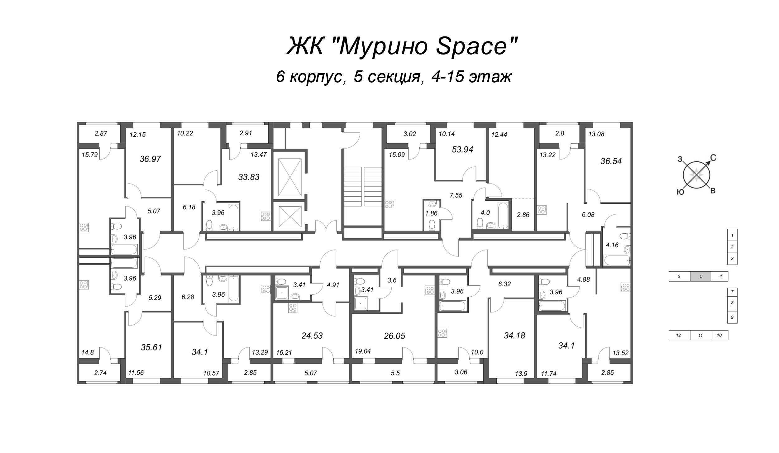 3-комнатная (Евро) квартира, 50.78 м² - планировка этажа