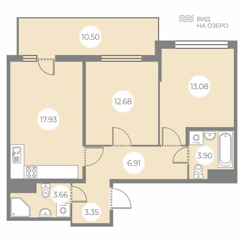 3-комнатная (Евро) квартира, 64.66 м² в ЖК "БФА в Озерках" - планировка, фото №1