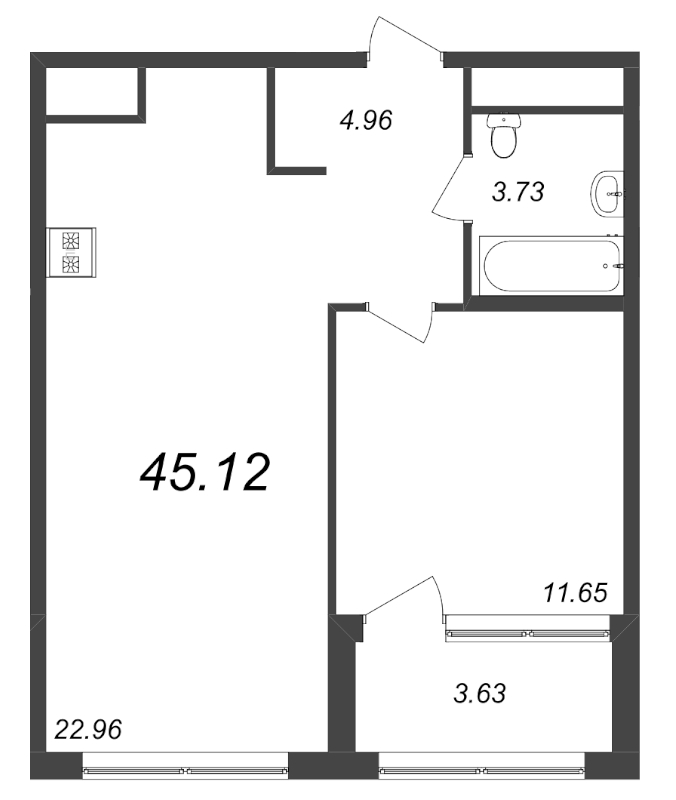 2-комнатная (Евро) квартира, 45.12 м² - планировка, фото №1