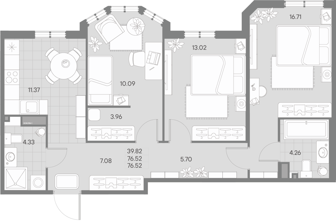 3-комнатная квартира, 76.52 м² - планировка, фото №1