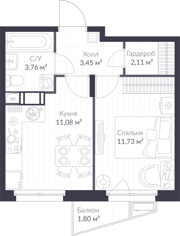 1-комнатная квартира, 32.67 м² - планировка, фото №1