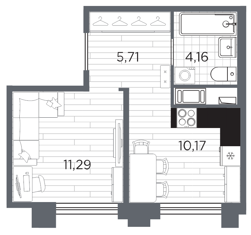1-комнатная квартира, 31.33 м² в ЖК "Ассамблея" - планировка, фото №1