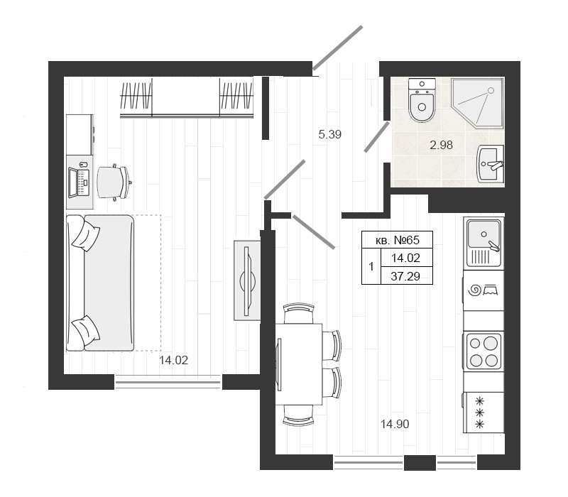 2-комнатная (Евро) квартира, 37.5 м² - планировка, фото №1
