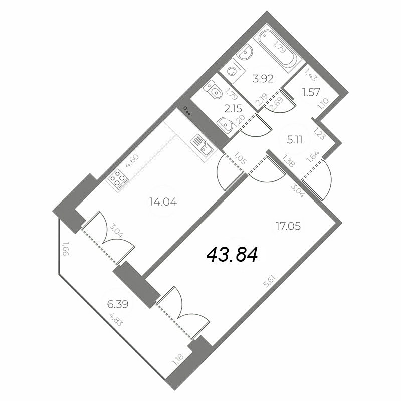1-комнатная квартира, 47.03 м² - планировка, фото №1