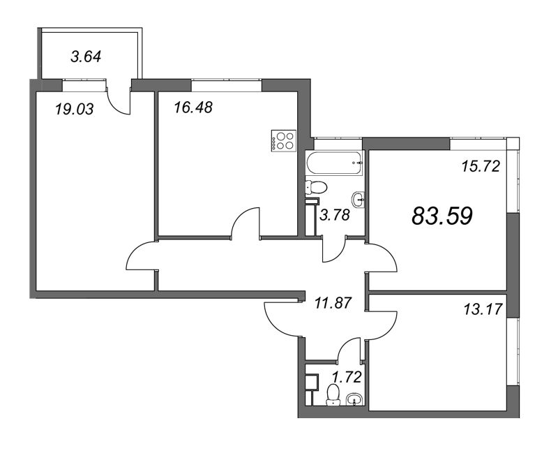 3-комнатная квартира, 85 м² - планировка, фото №1