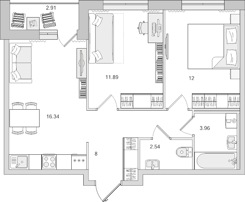 3-комнатная (Евро) квартира, 54.73 м² в ЖК "Город Первых" - планировка, фото №1