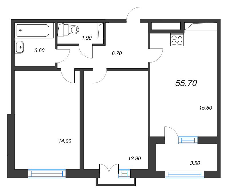 3-комнатная (Евро) квартира, 55.7 м² - планировка, фото №1