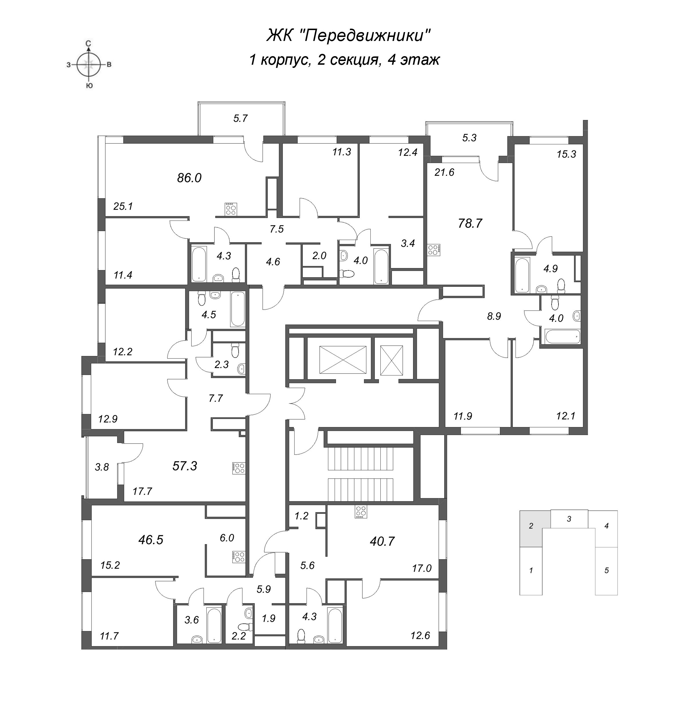 2-комнатная (Евро) квартира, 46.5 м² в ЖК "Передвижники" - планировка этажа