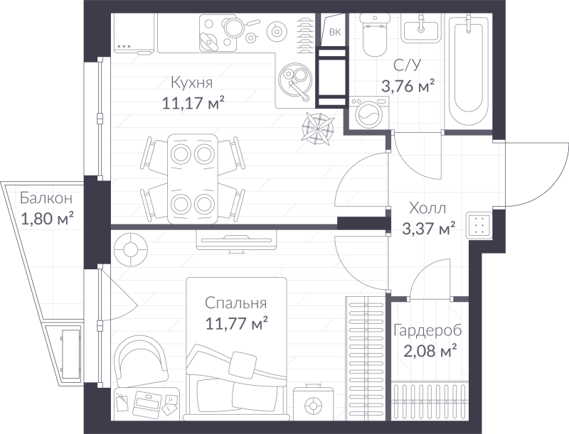 1-комнатная квартира, 32.69 м² - планировка, фото №1