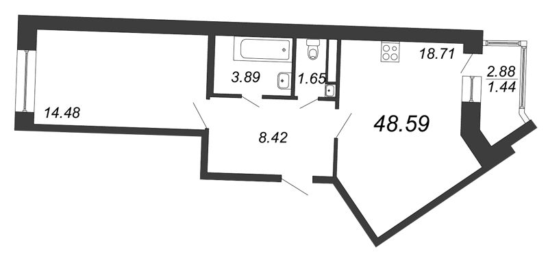 2-комнатная (Евро) квартира, 48.59 м² в ЖК "Ariosto" - планировка, фото №1