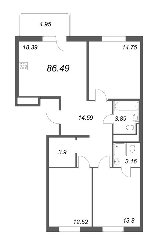 4-комнатная (Евро) квартира, 89.97 м² - планировка, фото №1