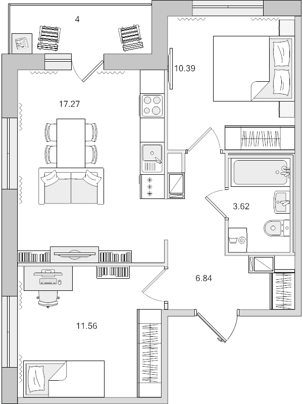 3-комнатная (Евро) квартира, 53.68 м² - планировка, фото №1