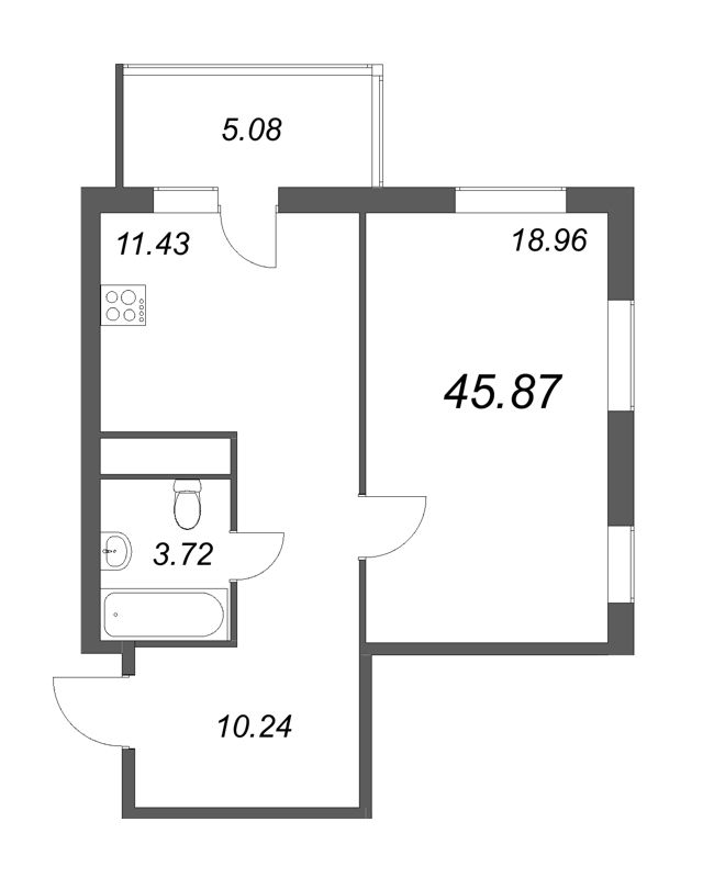 1-комнатная квартира, 49.42 м² - планировка, фото №1
