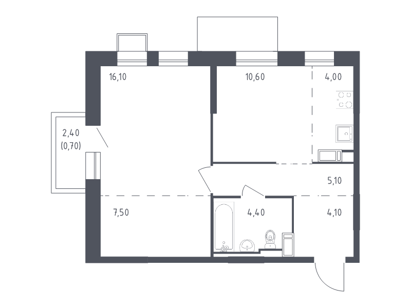 1-комнатная квартира, 52.5 м² - планировка, фото №1