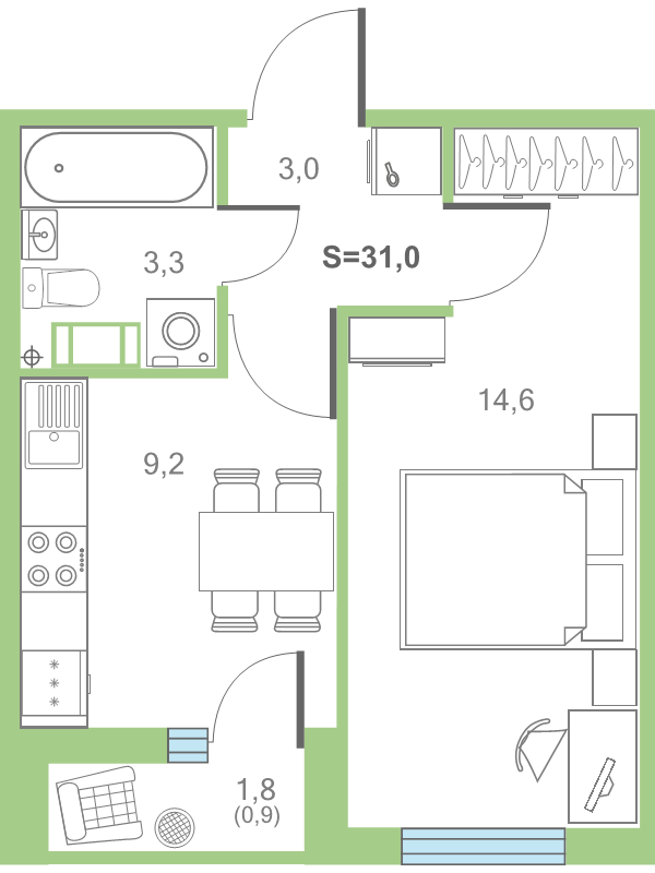 1-комнатная квартира, 31.6 м² в ЖК "Дуэт" - планировка, фото №1