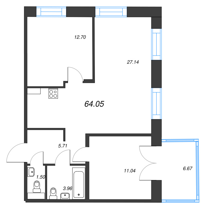 3-комнатная (Евро) квартира, 64.05 м² - планировка, фото №1