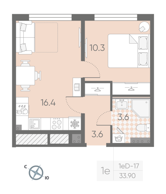 2-комнатная (Евро) квартира, 33.9 м² в ЖК "Пулково Lake" - планировка, фото №1
