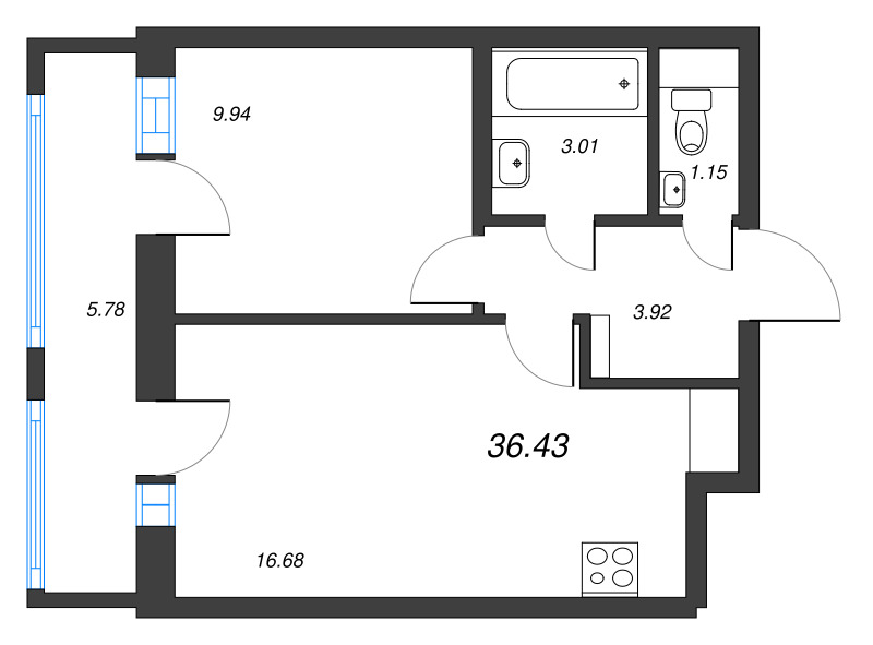 2-комнатная (Евро) квартира, 36.43 м² в ЖК "Старлайт" - планировка, фото №1