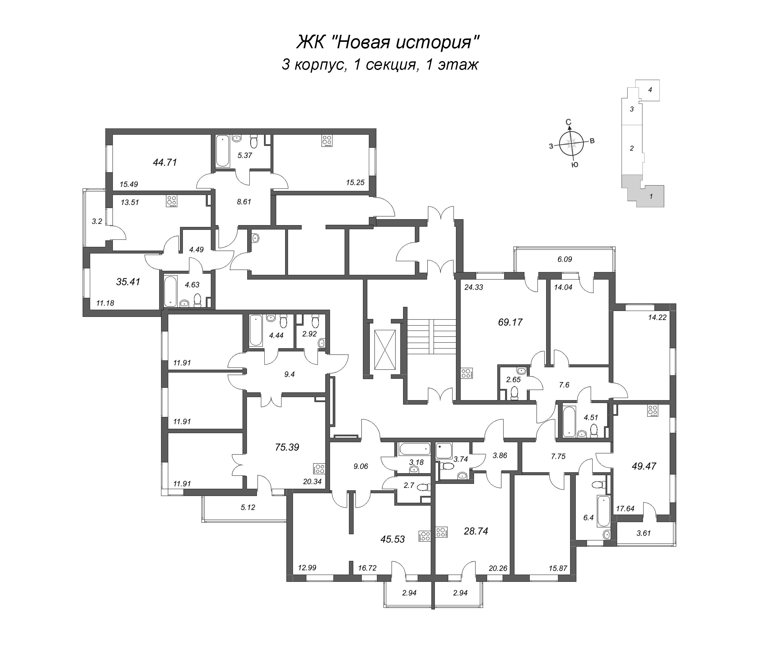 3-комнатная (Евро) квартира, 69.17 м² - планировка этажа