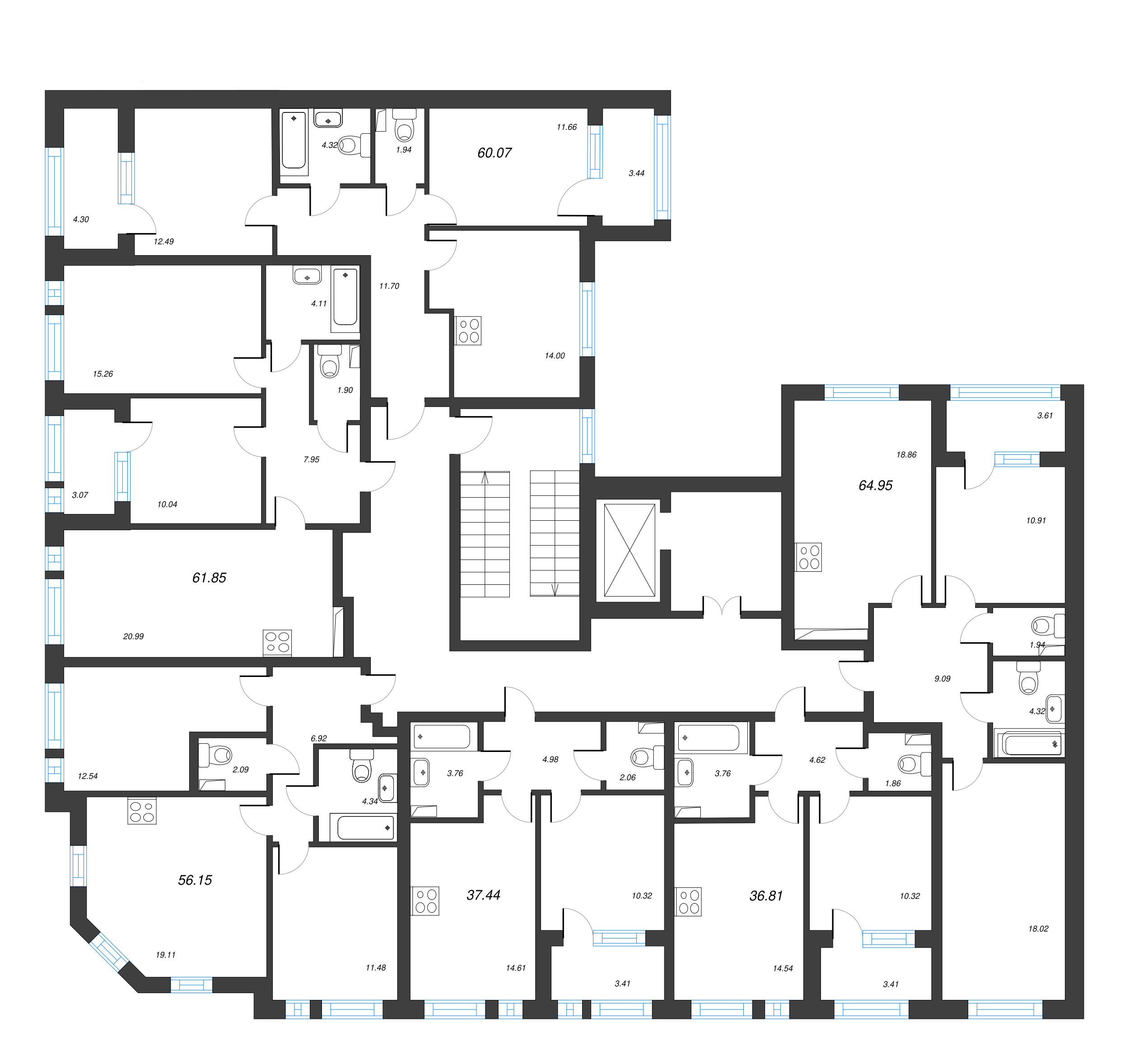 3-комнатная (Евро) квартира, 56.15 м² - планировка этажа