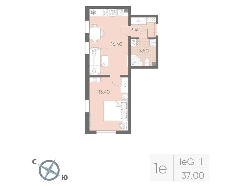 2-комнатная (Евро) квартира, 37 м² в ЖК "Октябрьская набережная" - планировка, фото №1