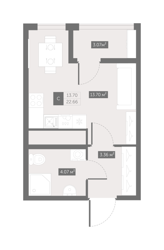 Квартира-студия, 22.66 м² - планировка, фото №1
