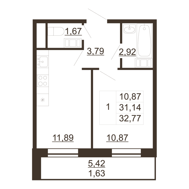 1-комнатная квартира, 32.77 м² в ЖК "Перспектива" - планировка, фото №1