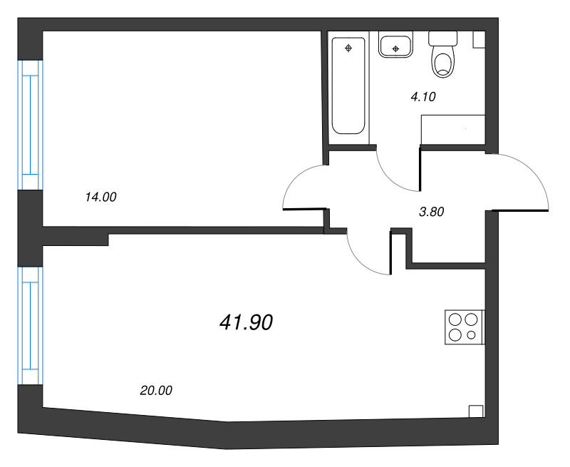 2-комнатная (Евро) квартира, 41.9 м² в ЖК "Измайловский" - планировка, фото №1