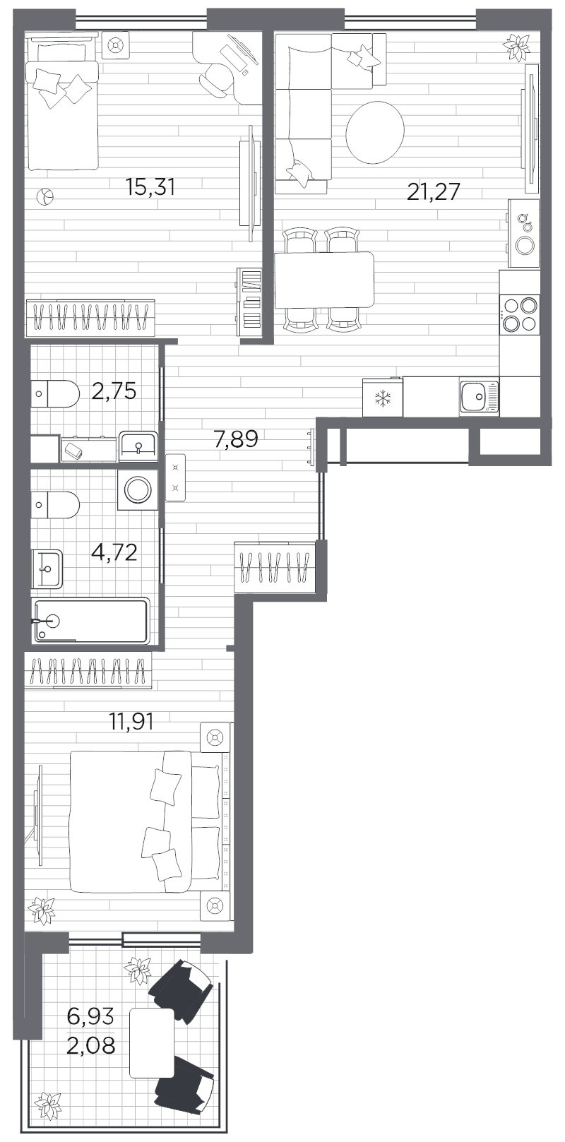 3-комнатная (Евро) квартира, 65.93 м² в ЖК "PLUS Пулковский" - планировка, фото №1