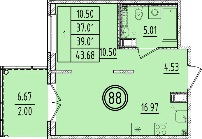 2-комнатная (Евро) квартира, 37.01 м² в ЖК "Образцовый квартал 6.4" - планировка, фото №1