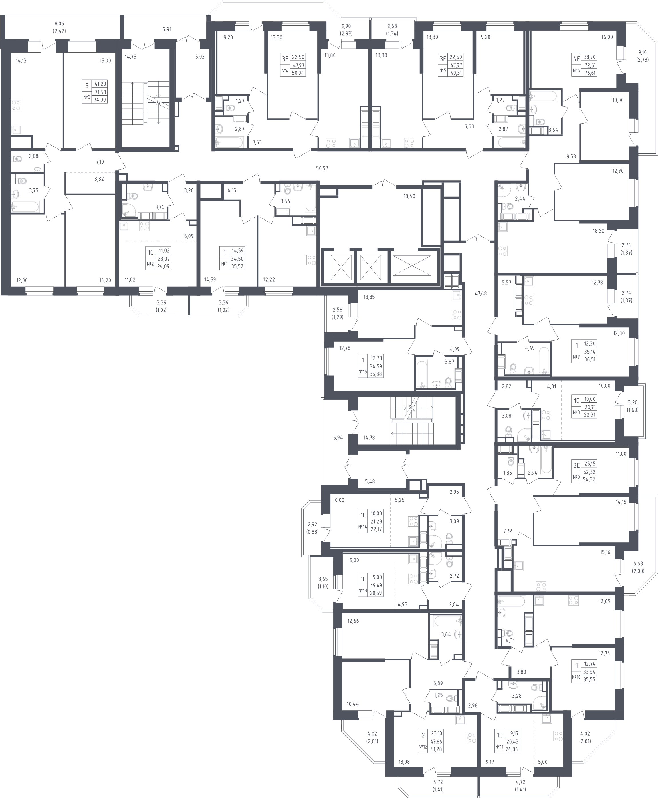 3-комнатная (Евро) квартира, 54.32 м² - планировка этажа