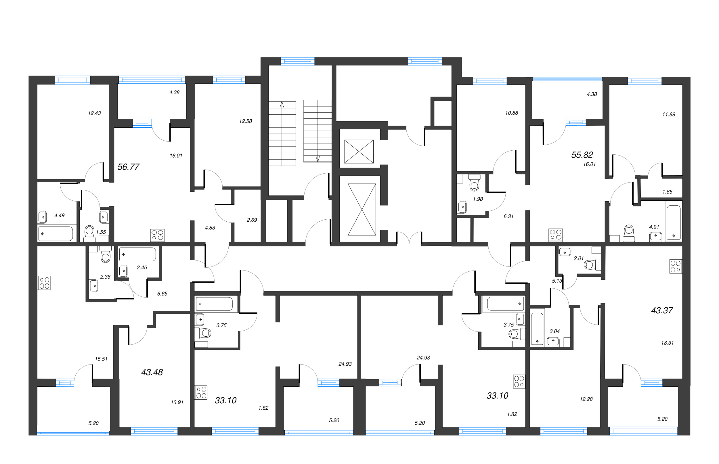 3-комнатная (Евро) квартира, 56.77 м² - планировка этажа