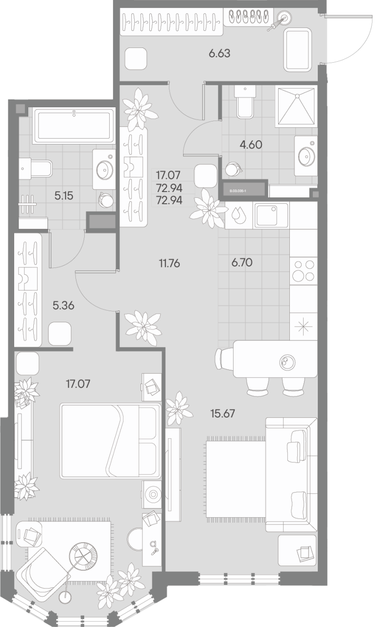 2-комнатная (Евро) квартира, 72.94 м² - планировка, фото №1