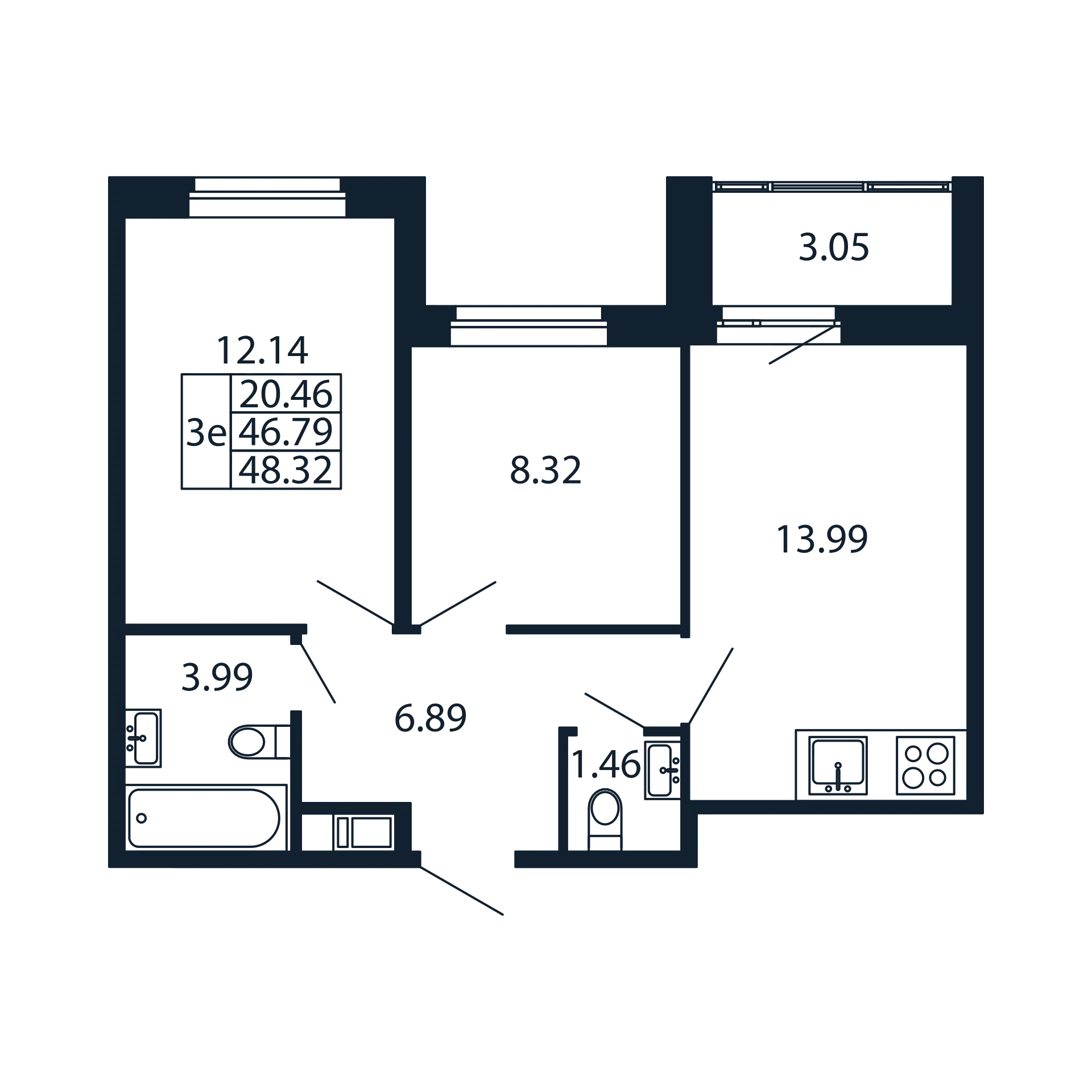 2-комнатная квартира, 46.79 м² в ЖК "Полис Новоселье" - планировка, фото №1