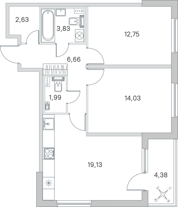 3-комнатная (Евро) квартира, 61.02 м² в ЖК "Любоград" - планировка, фото №1
