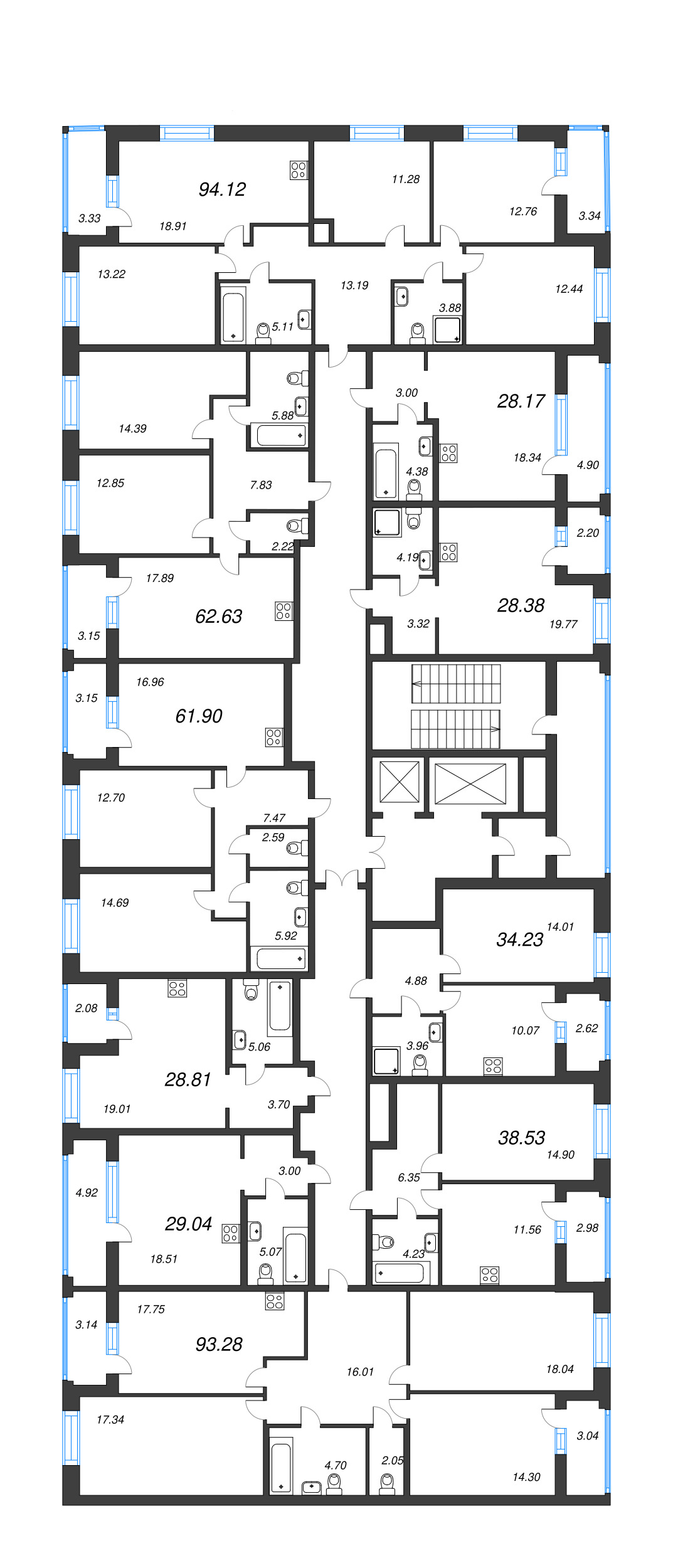 3-комнатная (Евро) квартира, 61.9 м² - планировка этажа