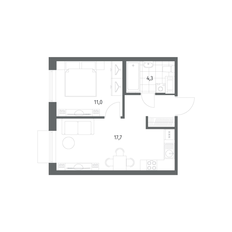 2-комнатная (Евро) квартира, 37.3 м² в ЖК "Парусная 1" - планировка, фото №1