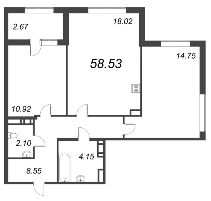 3-комнатная (Евро) квартира, 58.53 м² в ЖК "Б15" - планировка, фото №1