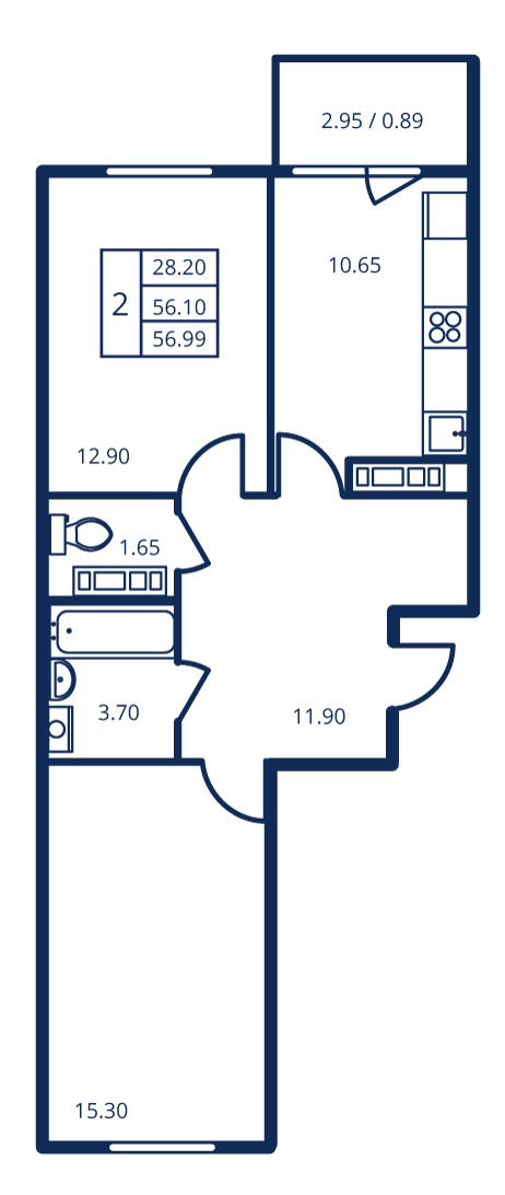 2-комнатная квартира, 57.4 м² - планировка, фото №1