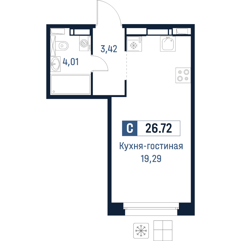 Квартира-студия, 26.72 м² в ЖК "Максималист" - планировка, фото №1