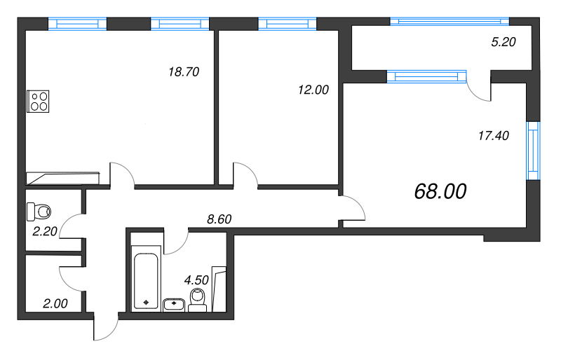 3-комнатная (Евро) квартира, 68 м² в ЖК "Тайм Сквер" - планировка, фото №1