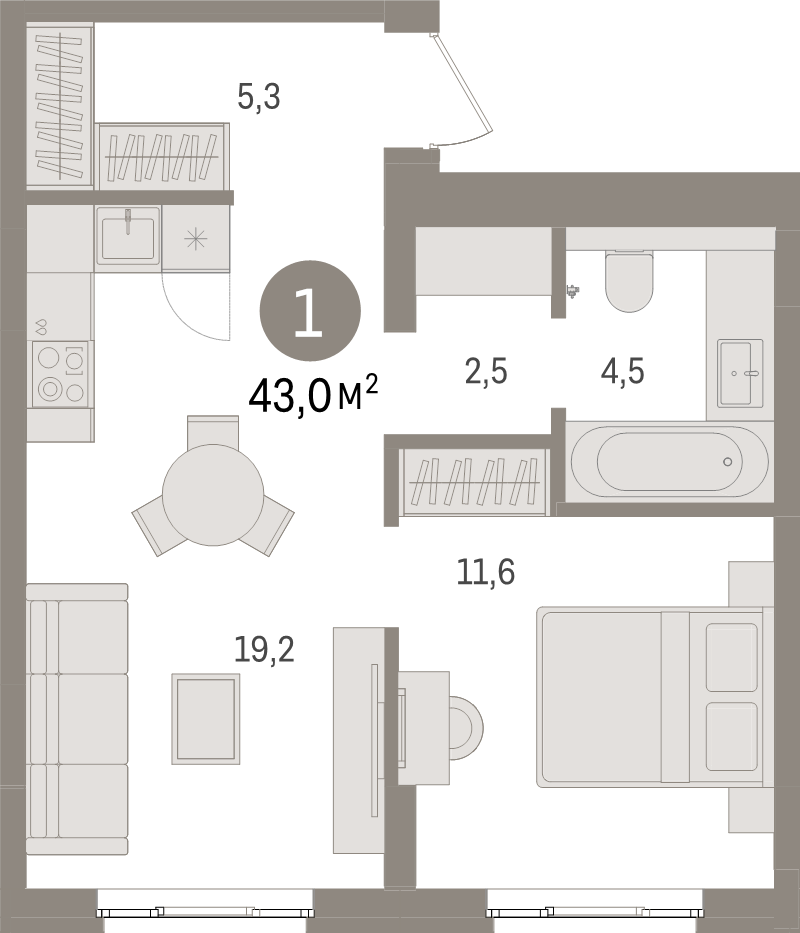 2-комнатная (Евро) квартира, 43 м² в ЖК "Брусника в Новоселье" - планировка, фото №1