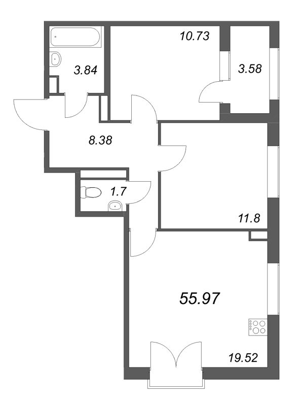 3-комнатная (Евро) квартира, 55.97 м² в ЖК "Дубровский" - планировка, фото №1